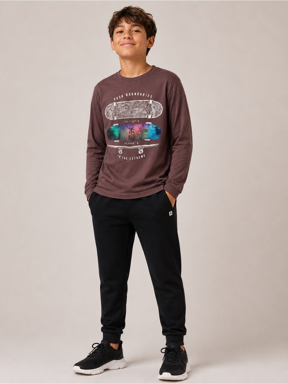 Wonder Nation Brown Skateboard Graphic Long Sleeve Shirt